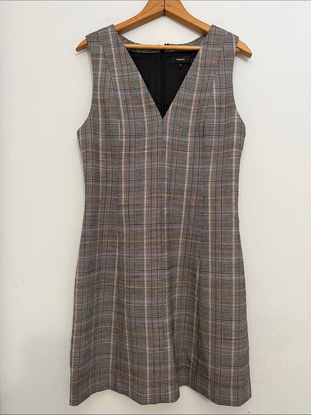 Theory Plaid V-Neck Sheath Dress Neutral Minimalist Business Casual Classic
